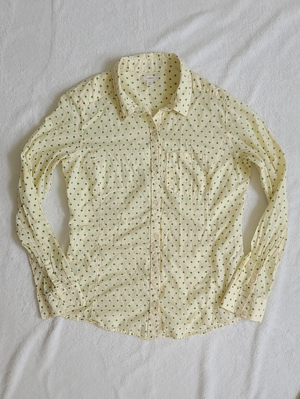 Caslon Butter Yellow Button Up Shirt Green Polka Dots Medium 100% Cotton Airy